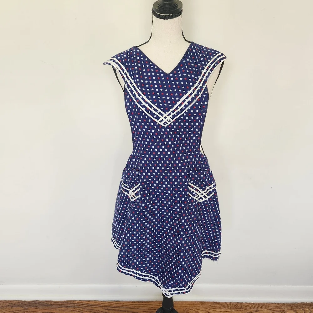 Vintage 50s Apron Handmade Patriotic Red White Blue Stars Stripes Americana